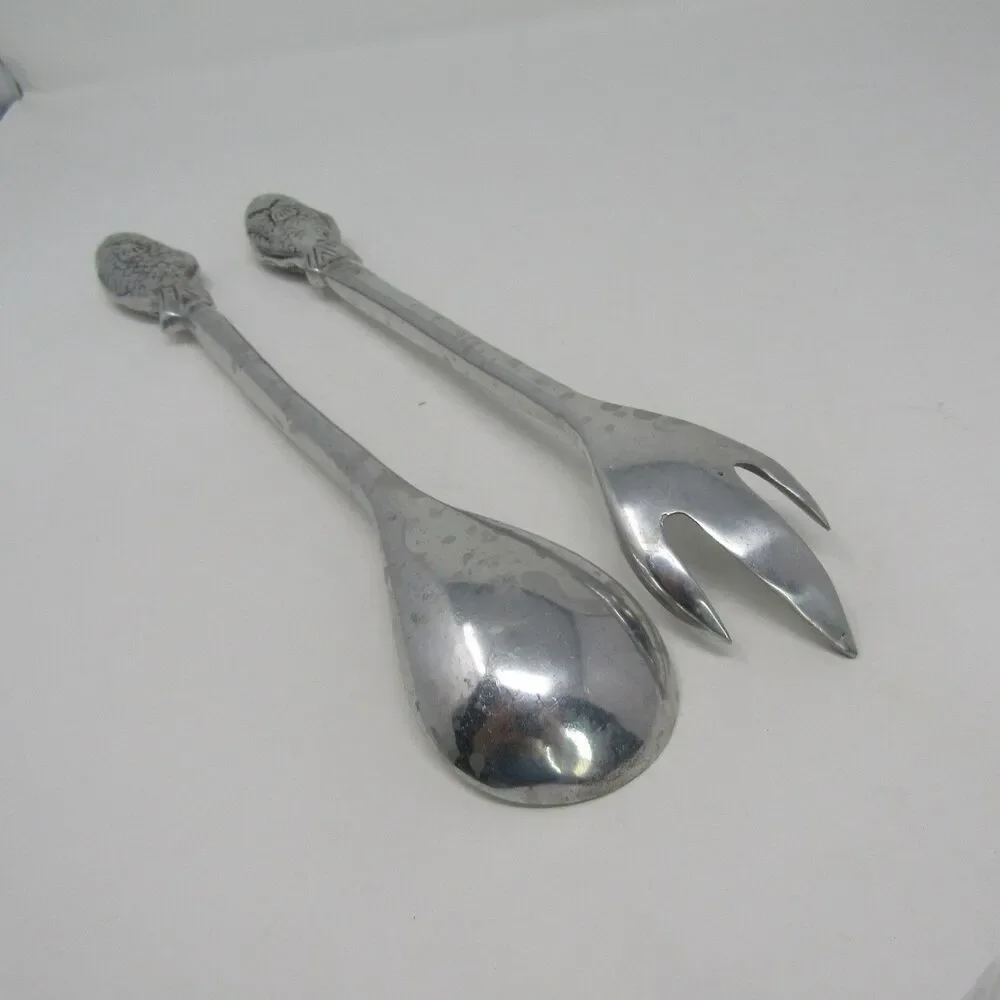 Vintage Fish Handle Salad Serving Set Aluminum Spoon Fork Coastal Decor 12.5